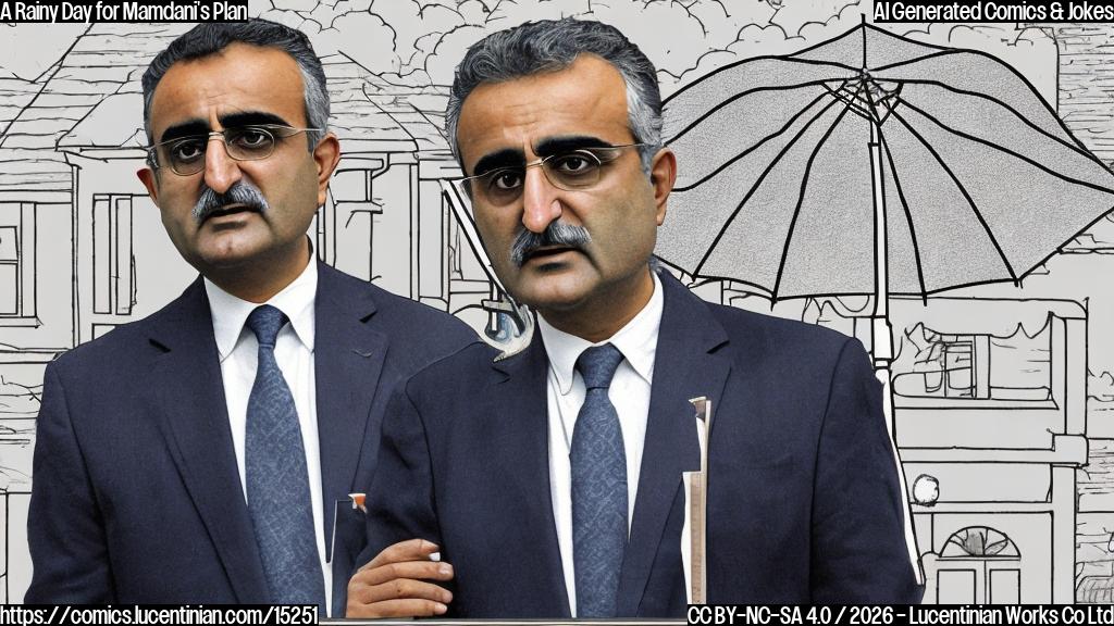 Draw a plain color cartoon style picture of Mayor Zohran Mamdani holding an umbrella, standing in front of a cloudy sky with a rejected housing plan blueprint in his hand.