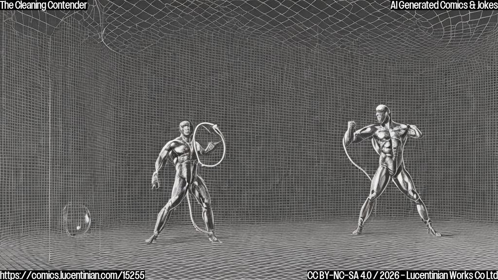 A muscular person in plain wrestling attire, with a determined but slightly bewildered expression, is holding a classic upright vacuum cleaner. They are standing inside a large, metallic, cage-like structure with several enclosed pods. The background shows steel mesh walls and the empty pods of the wrestling chamber. Plain color cartoon style, simple lines, solid colors.