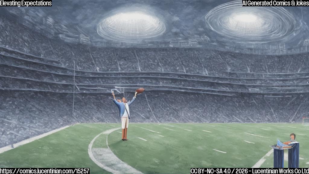 A large, abstract, cartoon-style image of a football coach standing on a step ladder with a football stadium in the background, with a subtle gradient of blues and whites to convey a sense of excitement and competition.