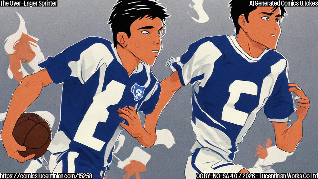 Plain color cartoon style. A lean, athletic character with short, spiky black hair, wearing a simple blue sports uniform with a white number '1' on it, is depicted mid-sprint, leaving a faint speed blur behind him. He is running vigorously off a bright green sports field, which has simple white lines. In the background, an older, slightly rounder character with a small mustache and wearing a red coaching jacket, stands on the sidelines with a look of comical exasperation and wide open mouth, as if shouting. Further in the distance, a simple grey parking lot with abstract, blocky car shapes is visible, implying the speedy character is heading towards it. The overall mood is humorous and exaggerated, with clean lines and flat colors.