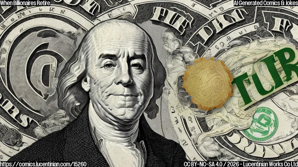 A cartoon of a smiling dollar bill with a briefcase and a retirement hat on its head, standing in front of a giant stock market ticker tape, surrounded by dollar signs and financial charts. The dollar bill should have a speech bubble saying "buy-one-get-one-free" while wearing a pair of sunglasses and holding a cane to lean on during the retirement phase.