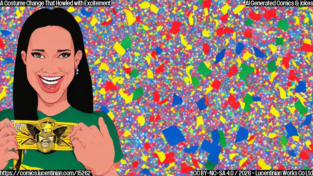 Color cartoon style picture of a woman wearing a professional wrestling costume and holding a wallet, with a big smile on her face, surrounded by wrestling rings and confetti.