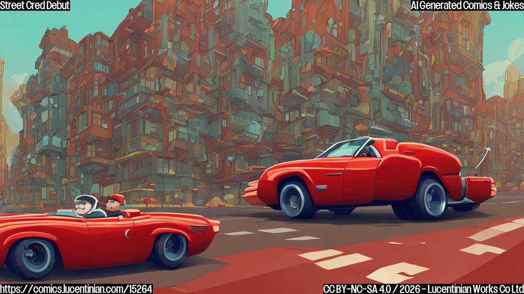 A plain color cartoon style illustration. A vibrant red, muscular, open-top racing vehicle with large wheels and a prominent roll cage is shown confidently driving down a city street. Simple, blocky city buildings with clear windows line the background. The race vehicle has a subtle, proud 'face' on its front, expressing its excitement for its debut. The sky is a solid light blue.