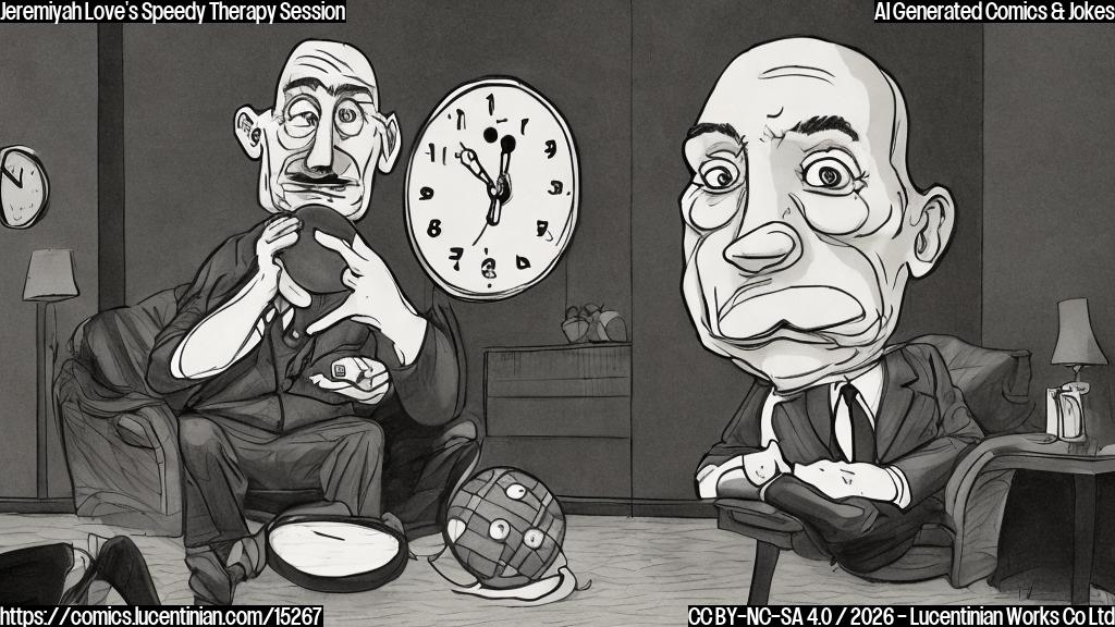 A cartoon of a person with a football-shaped head and a worried expression sitting on a therapist's couch, with a clock in the background showing 4.36 seconds. The therapist is an anthropomorphic clock with a wise face.
