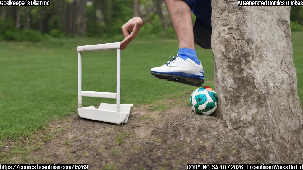 A goal is scored, and a goalkeeper stands confidently with their feet on the bottom rung of a small step stool.