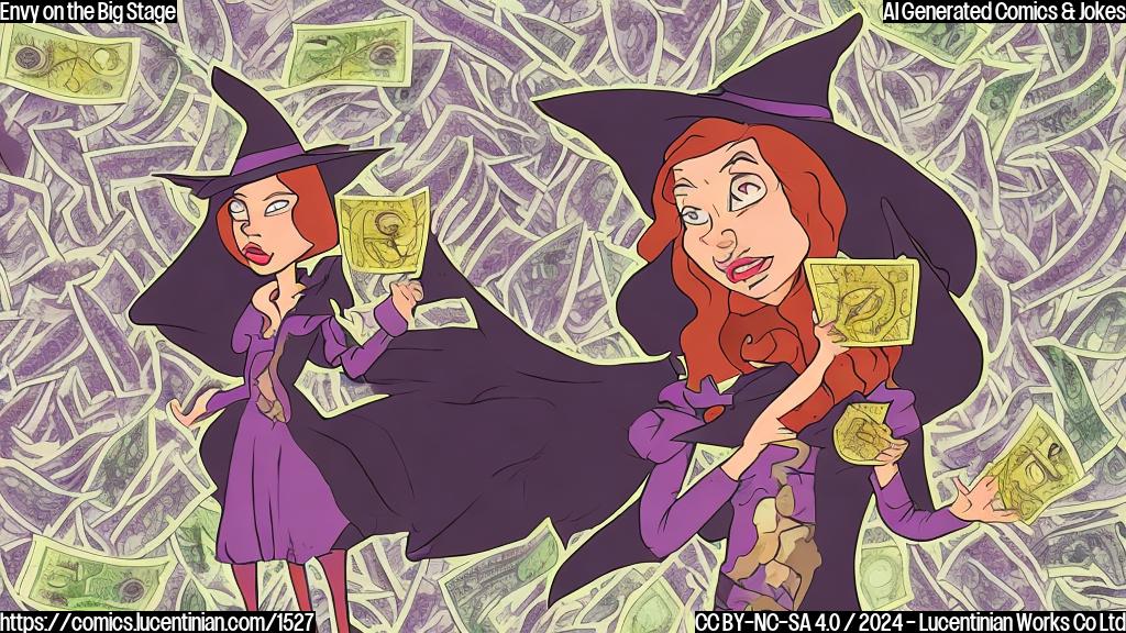 Draw a cartoon style image of a witch with a broken heart, standing in front of a giant dollar sign and surrounded by torn ticket stubs.