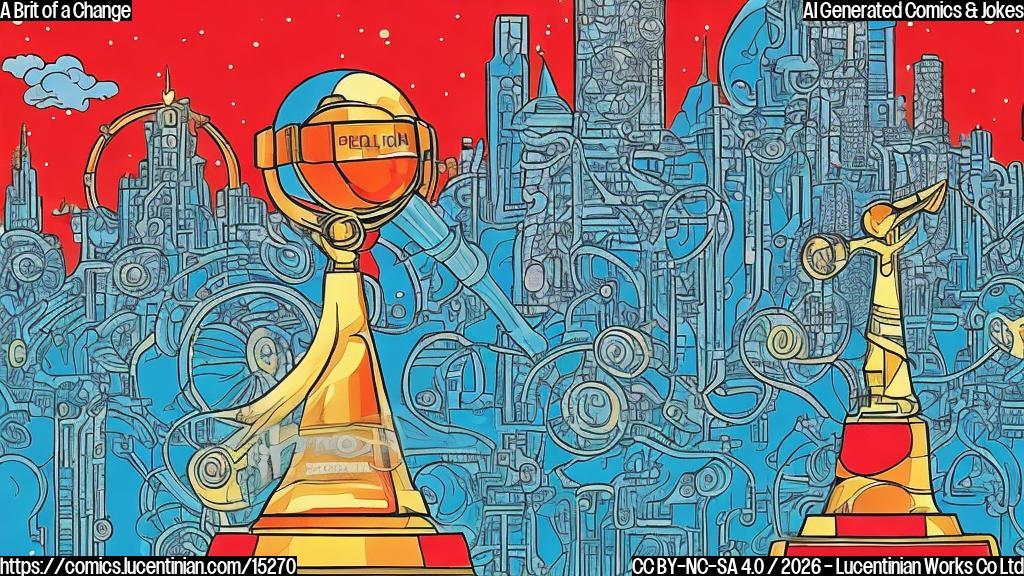 Plain color cartoon style picture showing a red carpet stretching into the distance. On the red carpet, a tall, gleaming golden award trophy with a microphone on top is standing with a surprised expression, looking at a backdrop of a city skyline with prominent, stylized northern industrial architecture and vibrant music venue lights. The sky is bright blue with a few fluffy white clouds. The overall scene conveys a sense of newness and transition. No specific landmarks or identifiable individuals.