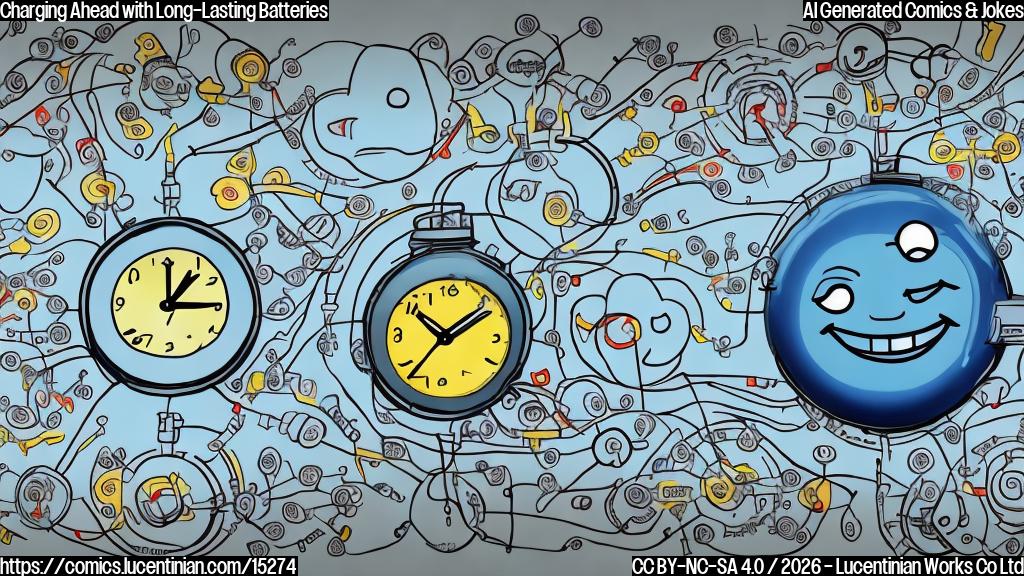 A cartoon of a smiling electric vehicle battery with a thought bubble, surrounded by clocks and calendars, with a subtle image of a relationship diagram in the background.
