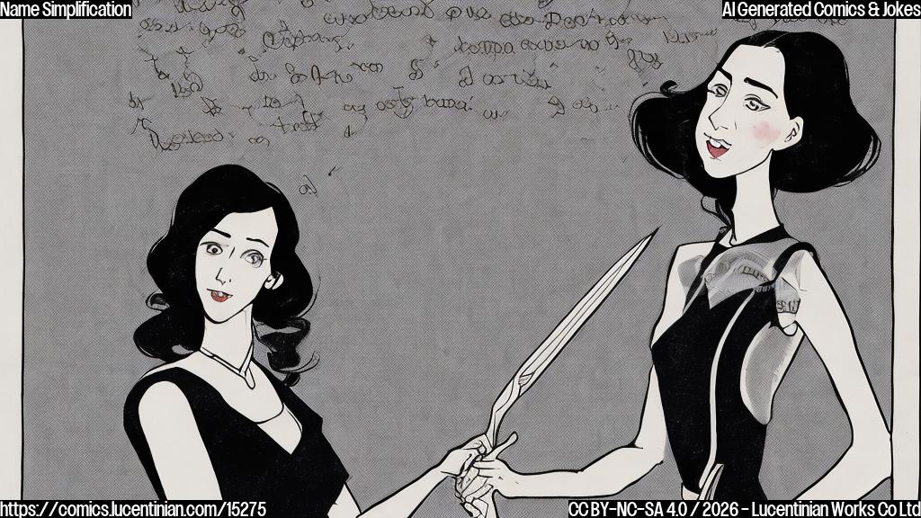 A plain color cartoon style picture of a tall, elegant woman with dark hair, dressed in stylish but simple clothing, standing in front of a giant, overly long name written on a scroll. She is holding a pair of scissors with a determined yet slightly amused expression, as if about to cut off parts of the scroll. The background is a solid, calming color.