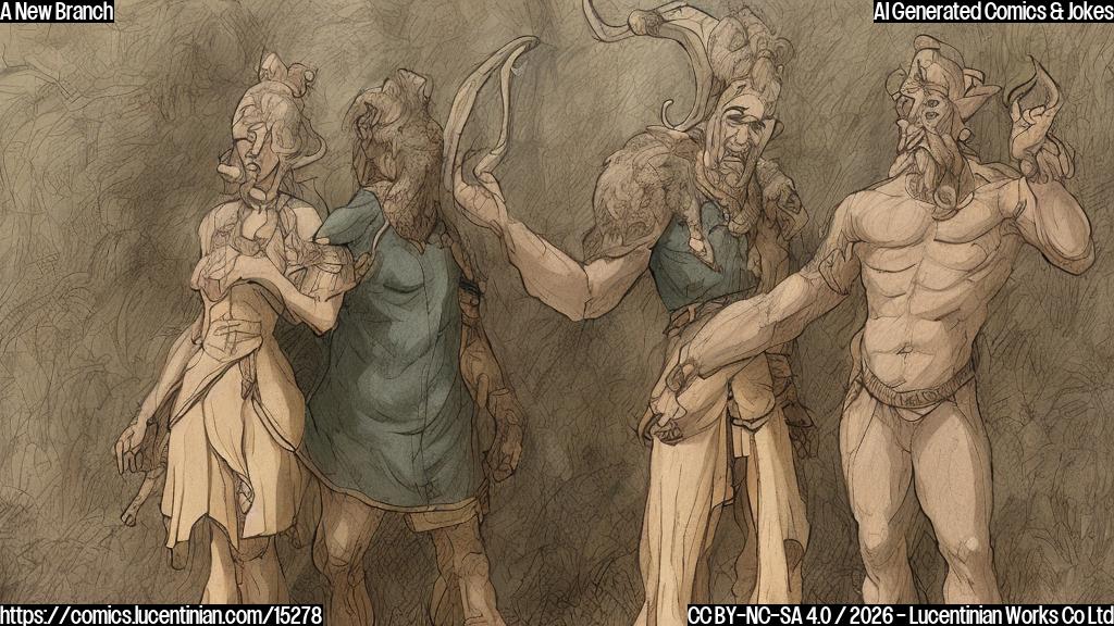 Plain color cartoon style, a robust ancient human-like man with a prominent brow ridge and sturdy build, dressed in simple animal hides, stands smiling next to a more slender ancient human-like woman with softer features, also dressed in simple animal hides. They are in a prehistoric natural environment with basic green and brown tones. The man is subtly gesturing with one hand, appearing charming.