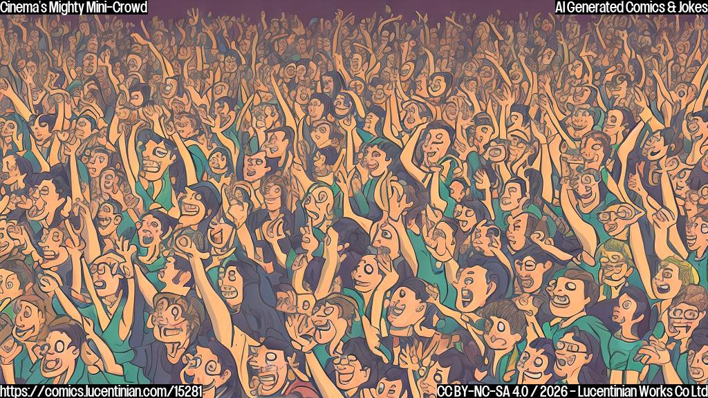 A plain color cartoon style illustration of a mostly empty cinema theater. In the front rows, a very small cluster of highly enthusiastic individuals are intensely cheering, with their arms raised and mouths open in excitement, reacting to an unseen screen. The vast emptiness of the surrounding seats highlights the immense energy of this small, passionate crowd.