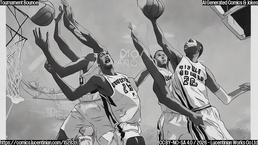 A plain color cartoon style image. A tall, athletic figure in a simple, solid-colored basketball uniform, holding a large paper tournament bracket. The figure has a concentrated expression, meticulously examining the bracket. In the background, a basketball is captured mid-bounce, suggesting movement. The scene features bold, flat colors with minimal detail and no complex textures.