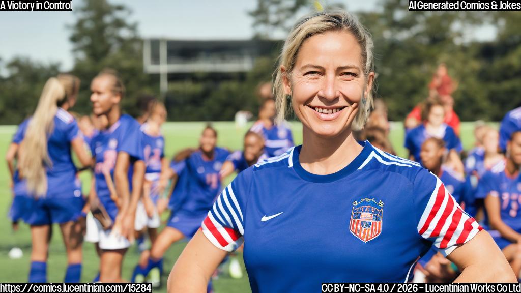 A coach sitting on a couch, looking calm and collected. She is wearing a United States soccer jersey and has a subtle smile on her face. The background is a blurred image of the soccer field with players in action.