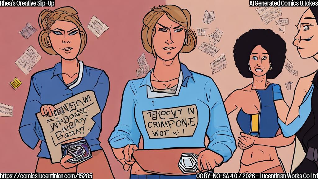 Draw a cartoon of two women, one wearing a WWE championship belt and the other holding a clipboard, with a frustrated expression on their face. The woman in the clipboard is surrounded by scribbled notes and ideas, while the woman in the championship belt looks disapprovingly at her. In the background, there's a subtle image of a wrestling ring with a "body slam" motion line crossing it.