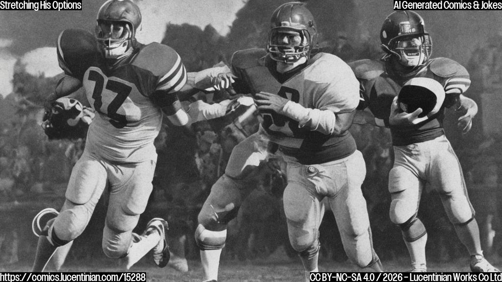 A large, cartoonish human figure with an oversized arm and shoulder pads, holding a football with a puzzled expression. The arm is excessively long, stretching beyond the figure's body.