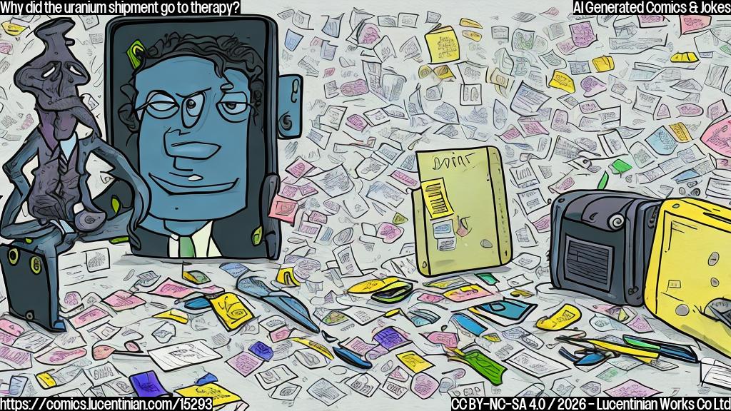 A cartoon style image of a uranium suitcase with a worried-looking therapist in the background, surrounded by scribbled notes and therapist's pens.