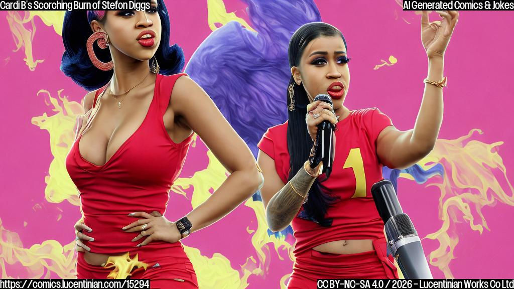 A cartoon-style image of a confident, outspoken Cardi B standing in front of a microphone, with a fiery passion in her eyes. In the background, a subtle image of Stefon Diggs can be seen, looking surprised and slightly frustrated. The colors should be bold and vibrant, with a mix of reds, oranges, and yellows to convey the intensity of the situation.