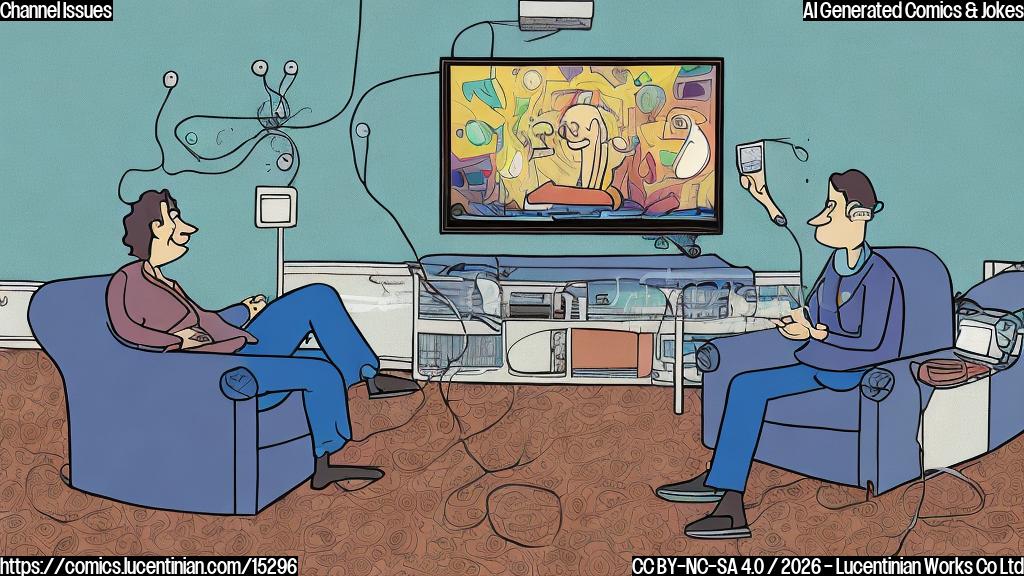 A cartoon-style image of a person sitting on a therapist's couch with a TV screen in front of them, displaying a mix of different channels and programs. The TV screen should have a few cables and wires coming out of it, like it's "leaking" onto the therapist's desk. The person on the couch could be holding a remote control and looking stressed, while the therapist listens intently with a thoughtful expression.