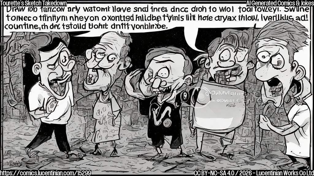 Draw a cartoon style image of a person with Tourette's syndrome (characterized by involuntary vocalizations and repetitive movements) looking frustrated while being mocked by two peers who are trying to make fun of their condition, with a red "X" symbol overlaid on the scene to indicate that it is not acceptable behavior.