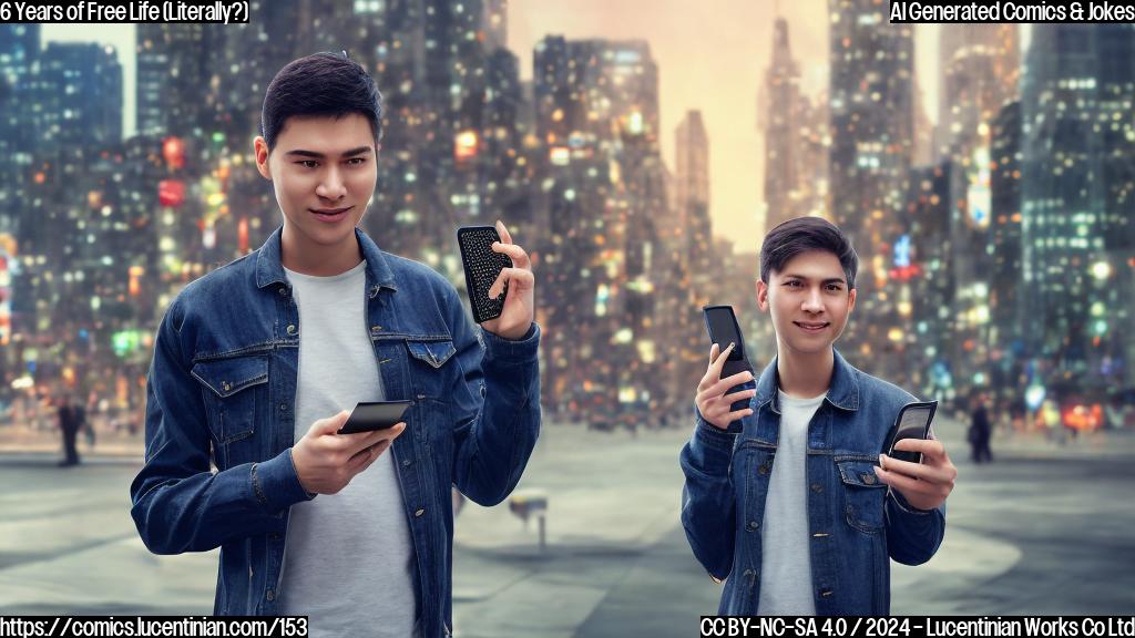 A young adult holding an older smartphone with a worn-out design, standing next to a brand new, sleek Samsung Galaxy A16 phone. The background is a blurred cityscape with people using various old smartphones, while the foreground character looks excited and frustrated at the same time.