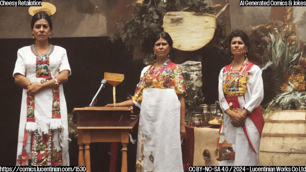 A stern-looking woman with a determined expression, wearing a traditional Mexican dress and holding a wedge of cheese, stands in front of a podium. Her arms are crossed, and her hands are clenched into fists.