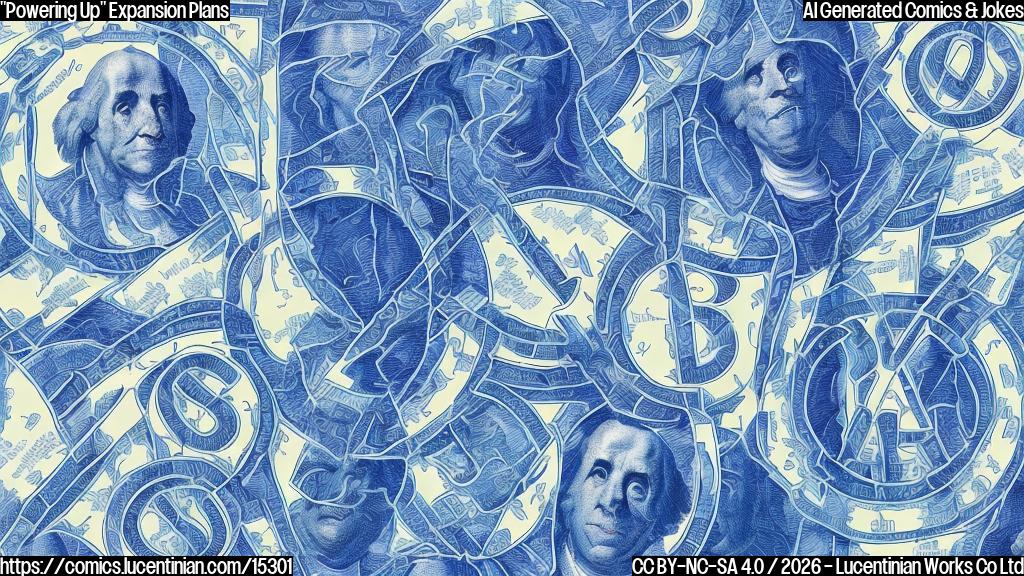 Illustrate a smiling dollar sign holding an electric socket with a lightbulb turning on in the background, surrounded by charts and graphs of growing energy demand, set against a subtle gradient of blues and whites to represent stability and growth.