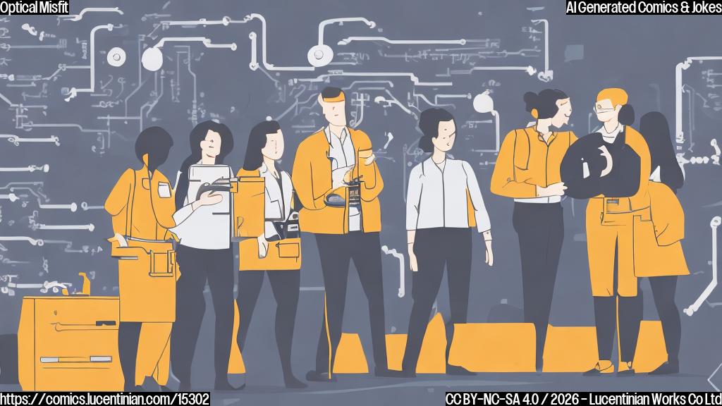 Draw an illustration of a data center equipment manager, wearing a toolbox belt, standing in front of a puzzled expression on a female colleague's face who is holding an oscilloscope and looking at some technical schematics.