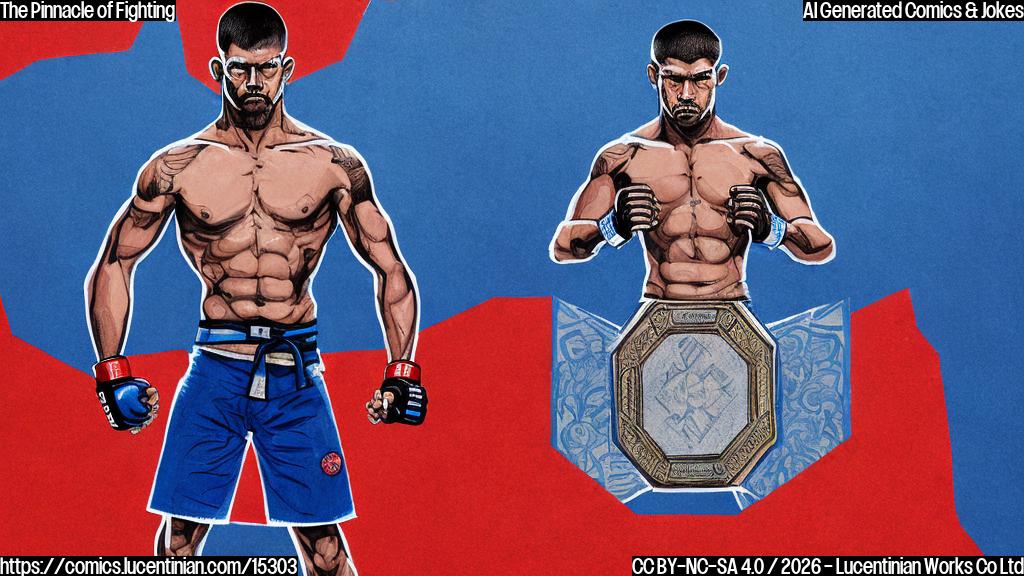 Draw an illustration of a mixed martial artist standing in the center of the octagon, holding a ladder and looking confident. The background should be a blurred, iconic UFC logo, with a subtle gradient of blue and red hues to represent intensity and competition.