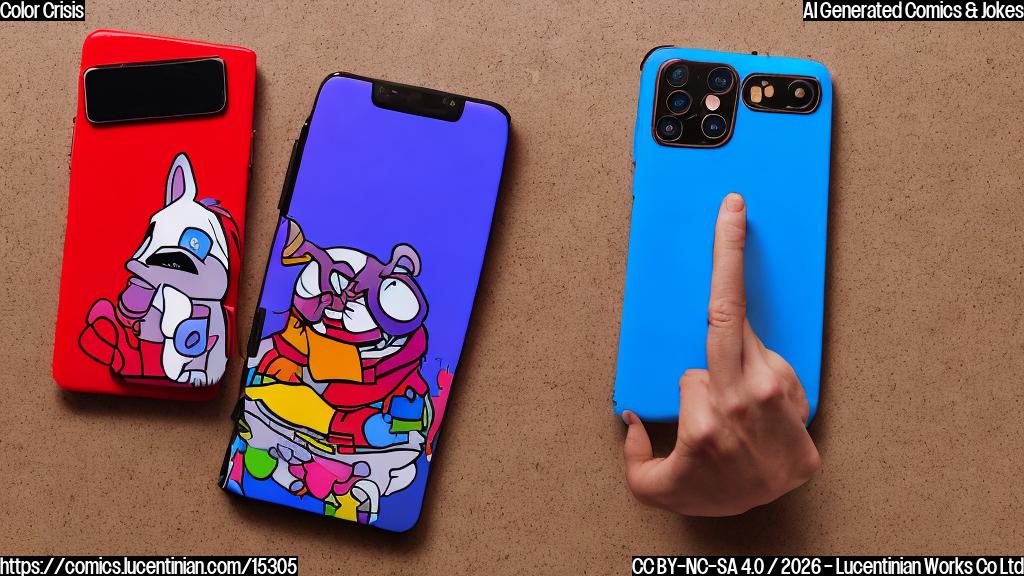 Draw a plain, cartoon-style image of a smartphone with different colored cases (red, blue, purple) on its back, looking worried or sad. The camera should focus on the colors rather than the phone's features or screen.
