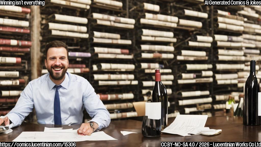 A small business owner sitting at a desk with a big smile on his face, surrounded by stacks of wine bottles and paperwork, looking slightly bored with a hint of relief in the background. The image should convey a sense of "business as usual" despite achieving a major victory.