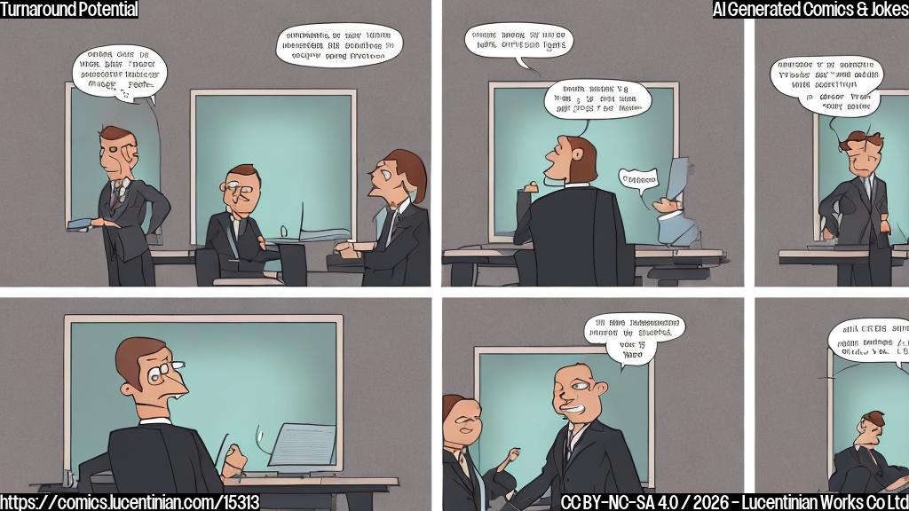 Plain color cartoon style. A corporate office scene. On the left, a slightly portly, balding male CEO character in a dark business suit looks dejectedly at a large wall-mounted screen displaying a downward-trending red line graph. On the right, a confident, smirking male finance director character in a lighter business suit points enthusiastically at another wall-mounted screen displaying an upward-trending green line graph. In the far background, barely visible through a large window, is a generic large red-and-white retail store building. Use flat, plain colors and bold outlines.