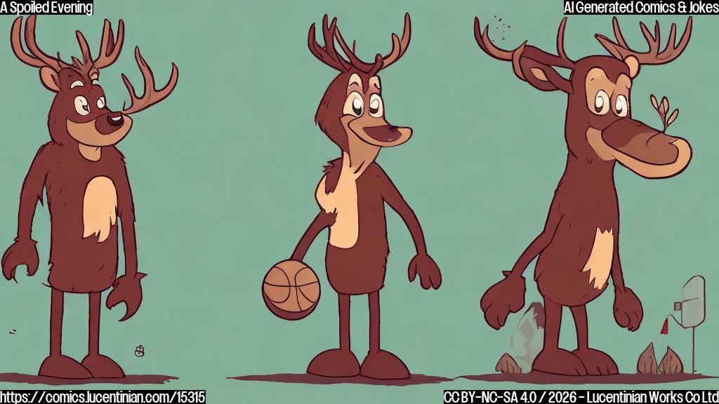 A plain color cartoon style image. On the left, a tall, anthropomorphic mascot character resembling a strong forest animal, such as a large male deer or elk, stands dejectedly with slumped shoulders and a sad expression. It is wearing a plain, slightly oversized basketball jersey. On the right, a smaller, cheerful, anthropomorphic character with a prominent three-leaf clover design on its chest, is jumping happily with arms raised in victory. The background features a simple, stylized basketball court with a scoreboard showing "Visitors: 108, Home: 81" in bold, simple numbers. Use simple, flat colors, no complex shading or textures.