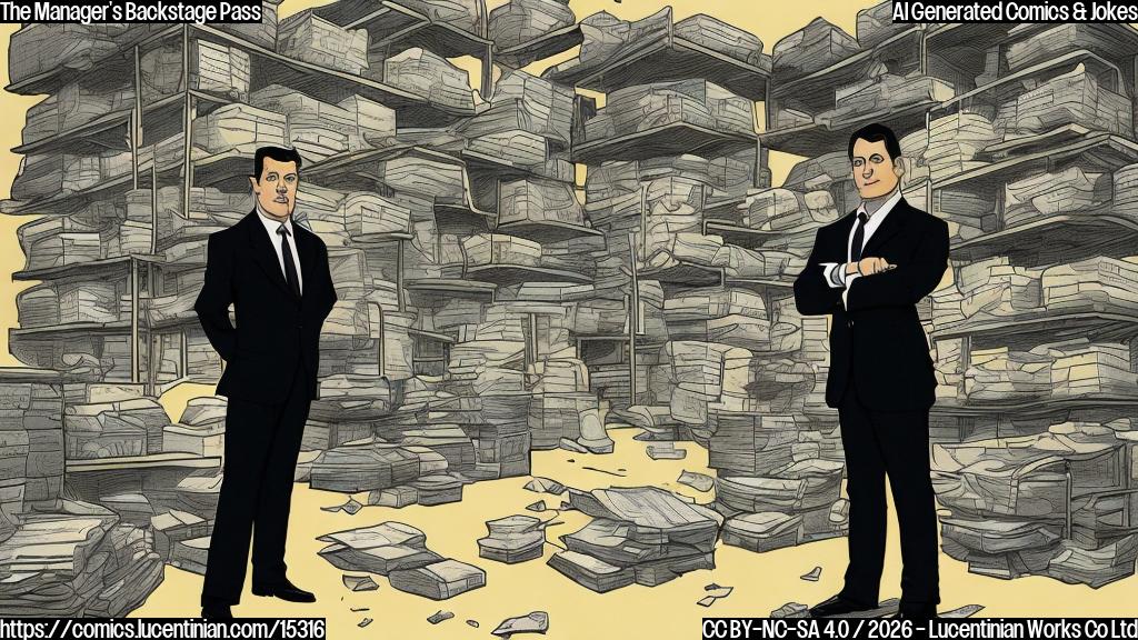 Plain color cartoon style. A stocky, middle-aged man with slicked-back dark hair, wearing a slightly rumpled black suit and a tie, is sitting on the dusty floor inside a dimly lit storage room. He looks confused and slightly disoriented. Behind him are stacks of generic cardboard boxes and a plain, tall metal shelf. Standing over him, with a confident smirk, is a tall, muscular man with short hair, dressed in dark, modern wrestling gear with metallic silver accents. This wrestler is holding up a small piece of paper with a simple, stylized drawing of a knight's helmet on it. Through a slightly open door in the background, a glimpse of a wrestling arena's backstage corridor is visible. The scene should use a palette of plain, muted colors for the storage room, contrasting with the darker tones and metallic sheen of the wrestler's gear.