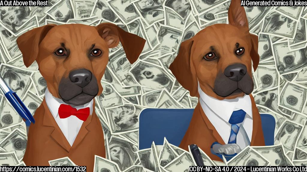 Illustrate a cartoon of a dog sitting at a desk, wearing a miniature suit and tie, with a pen in its paw, surrounded by sheaves of paper with dollar signs and government seals on them. The dog should be looking directly at the viewer with a mischievous expression.