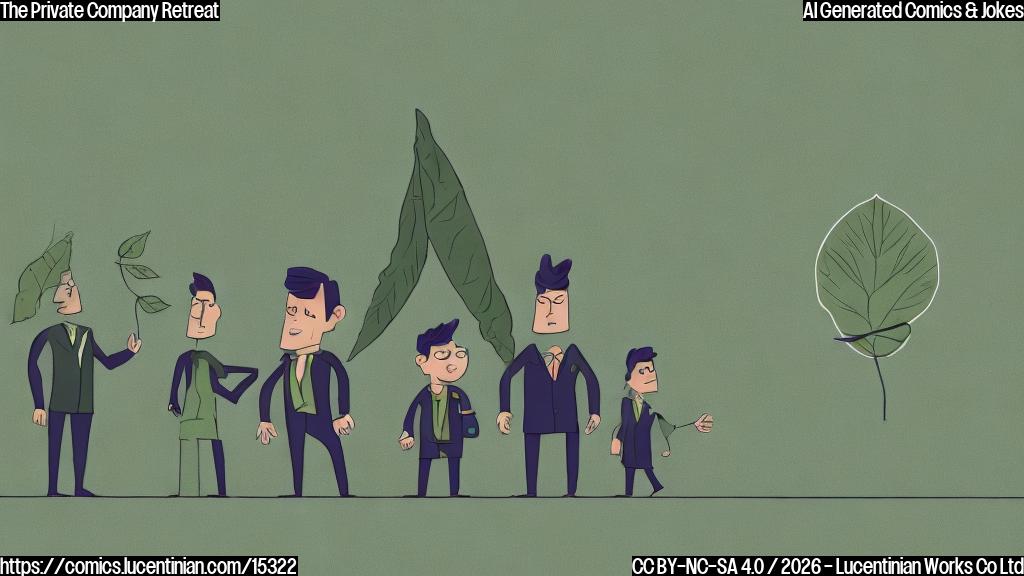 A friendly, green-colored building with a leaf logo on its side, personified with simple cheerful facial features and small twig-like arms and legs, stands expectantly holding a tiny, minimalist suitcase. Three tall, imposing figures in dark, plain business suits stand nearby, looking at the building with a slight air of amusement. Plain color cartoon style.