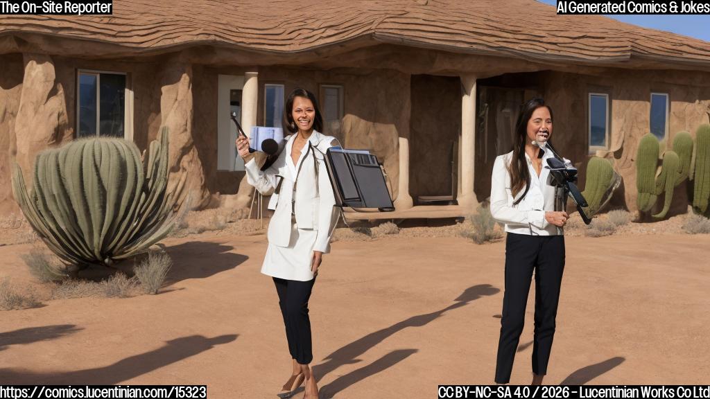 A professional-looking female TV morning show host, with a bright but slightly serious expression, stands at the front door of a plain, rustic house in a sunny, dry desert landscape. She is holding a reporter's microphone close to her mouth as if delivering an urgent live report. The house has a slightly worn appearance, perhaps with a cactus nearby. The cartoon style is plain color.