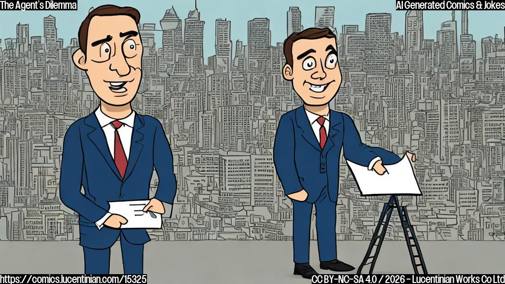 A cartoon of a person in a suit standing next to a ladder, with a confused expression on their face and a contract document in hand. The ladder should be positioned in front of a city skyline or a football stadium to represent the NFL context.
