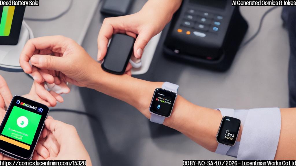 A person wearing a smartphone and a pixel watch on their wrist, both with empty battery indicators, standing in front of a payment terminal with a declined transaction error message