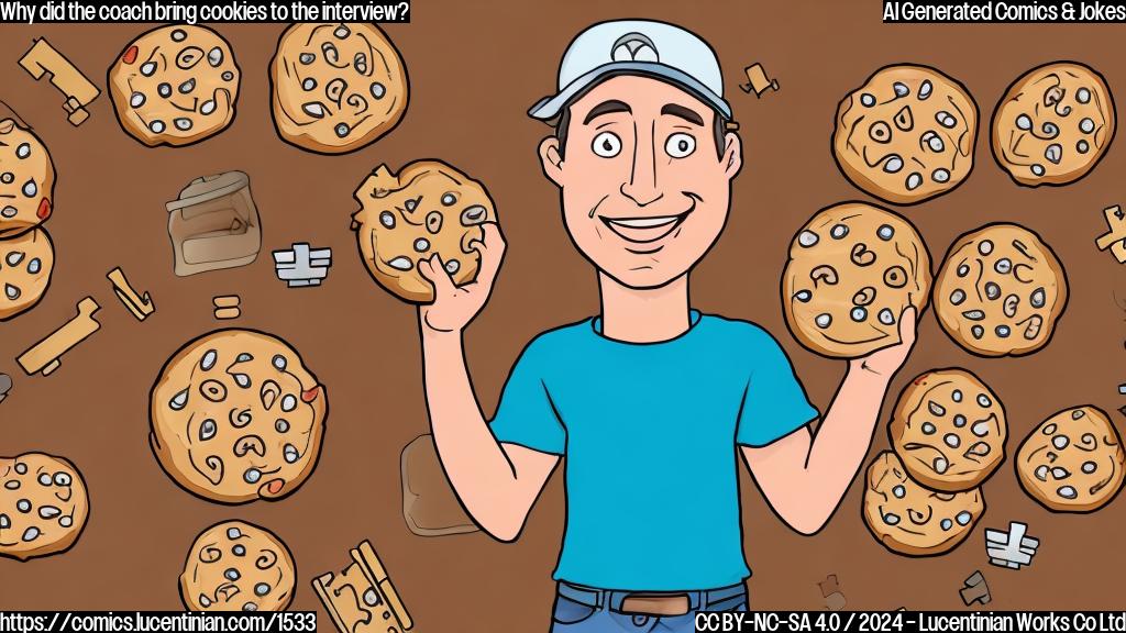 Draw a cartoon of a smiling coach holding a plate of cookies with a few keys scattered around him, symbolizing being a crucial part of the team.