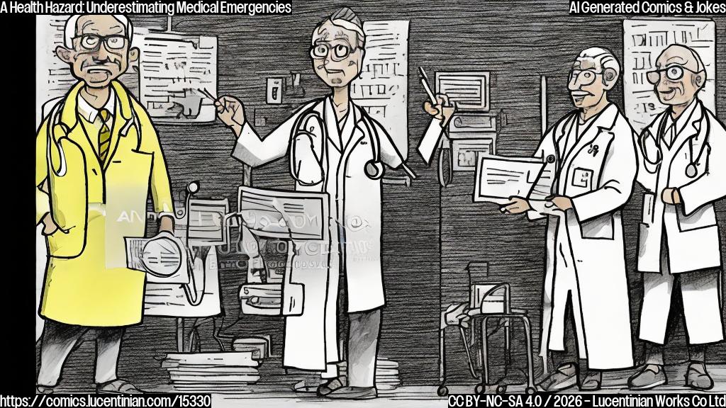 Draw a cartoon style image of a doctor wearing a surprised expression, holding a chart with a severe medical condition written on it, while another doctor in the background has a "closed eyes" gesture, symbolizing underestimation and denial. The two doctors should be depicted standing next to each other, conveying their contrasting views on patient conditions.