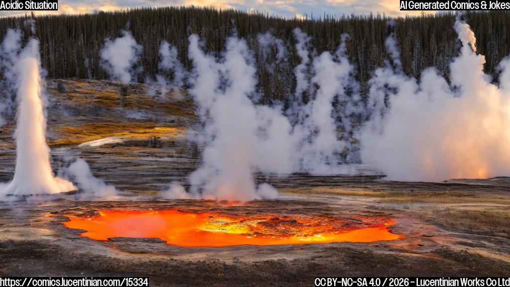 A 66-foot-wide geyser with rock formations resembling sea urchins erupting in Yellowstone, with acidic spray and geysers in the background, over a yellowish-orange landscape with mountains and trees.