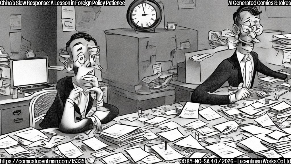 A cartoon of a person sitting at a desk, surrounded by papers and pens, with a clock ticking away in the background. The person is wearing a neutral expression, with a hint of surprise on their face. The desk has a few empty chairs around it, indicating that others are waiting for a response.