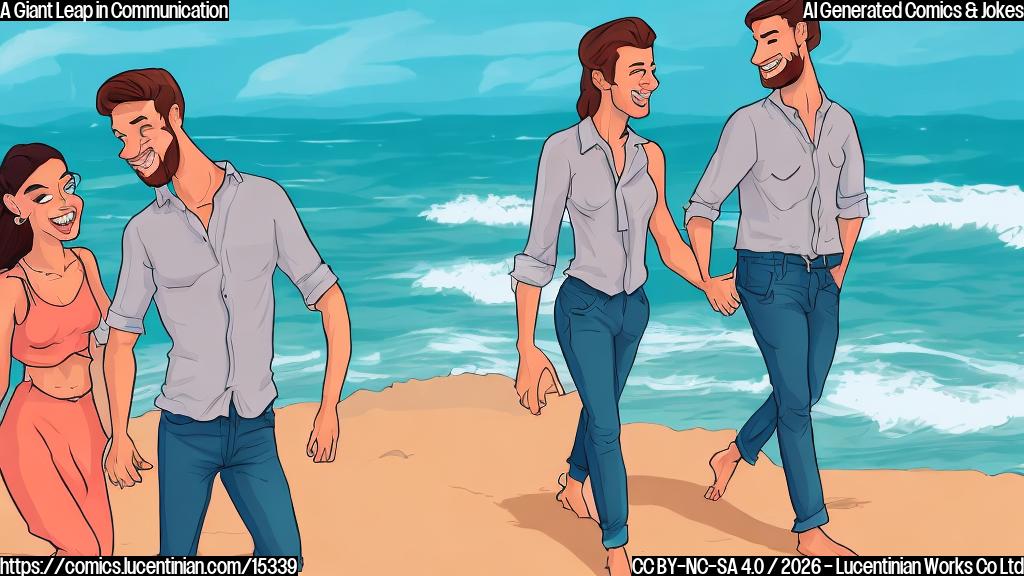 Draw a cartoon of a handsome, young man with a charming smile walking hand-in-hand with his stunning, elegant girlfriend, a woman with a beautiful beachy hairstyle, towards a picturesque beach at sunset.