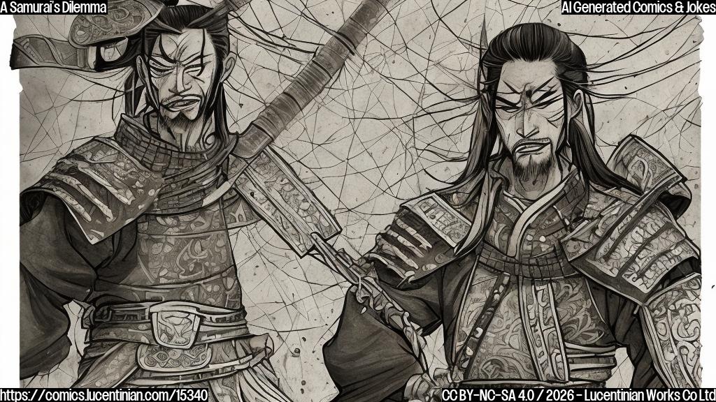 Illustrate a cartoon samurai with a frustrated expression, wearing a tattered hakama and holding a sword with a GPS tracker on the hilt. The background should be a dark, gritty cityscape with neon lights reflecting off wet pavement. The samurai's face should show visible signs of weariness and annoyance.