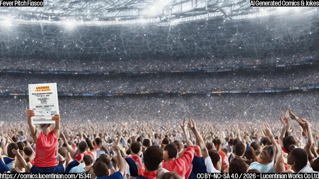 A person holding a large quantity of soccer tickets with a frazzled expression, surrounded by chaotic scenes of people frantically waiting in lines or online, with a massive stadium visible in the background.