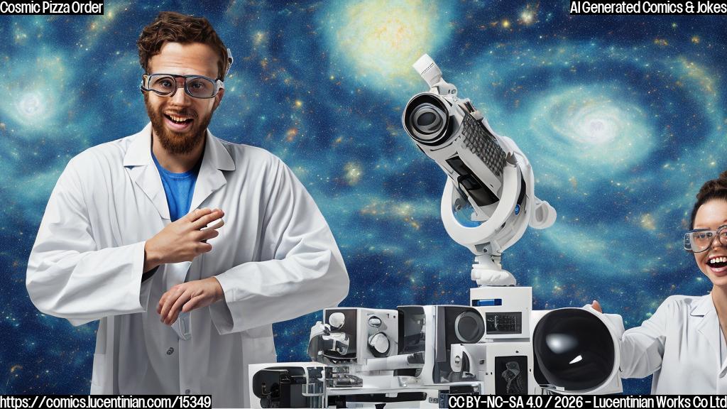 A plain color cartoon style image. In an observatory control room, a person with a lab coat, wild hair, and an extremely excited expression points dramatically at a massive screen displaying a vibrant cosmic scene with distant stars and a strong, bright beam of light emanating from far away. Another person, also in a lab coat, with neatly combed hair and spectacles, stands beside them, holding a coffee mug with a calm, slightly amused expression. Simple control panels are visible in the foreground.