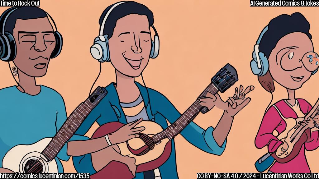 Illustrate a cartoon of a simple, round smartwatch with a speaker on its face and a musician (a woman) standing next to it, holding an earbud. The musician is wearing headphones with a guitar pick attached to them. The smartwatch speaker should be turned up loud, as if the musician is trying to tune in to some music.