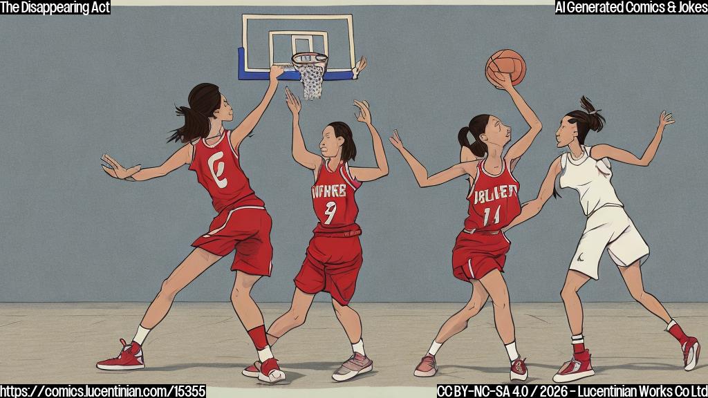 A plain color cartoon style drawing of two female basketball players on a court. One player, wearing a red uniform, stands dejectedly with her hands on her hips, looking utterly surprised and confused as if something just vanished. The other player, wearing a blue uniform, is in the background, triumphantly raising her arms in celebration. A scoreboard in the background shows a very close final score. The court lines are visible, and the colors are simple and bold.