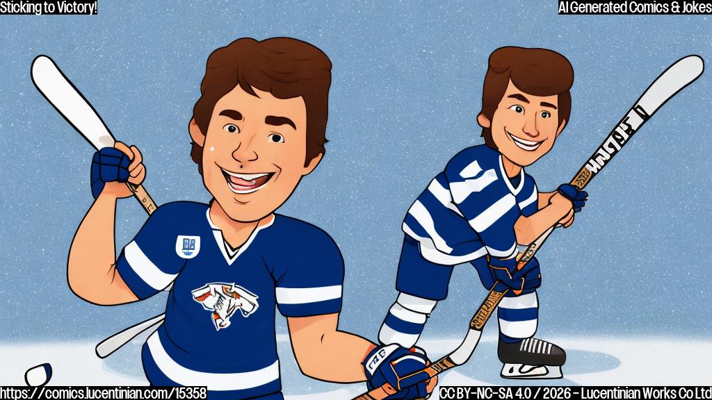 A cheerful, strong plain color cartoon ice hockey player wearing a blue and white uniform, confidently holding a hockey stick. A puck is near his stick. He has a broad smile, indicating victory and happiness, not sadness. The background is a simple, plain ice rink.