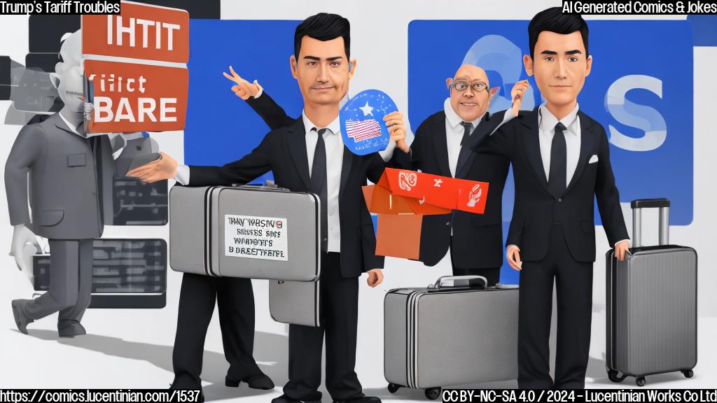 A volatile stock character with a worried expression, holding a suitcase with a sign that says "Tariffs" next to it, standing in front of a confused-looking investor (a humanoid figure with a puzzled expression) on a mixed background of currencies and stock charts.